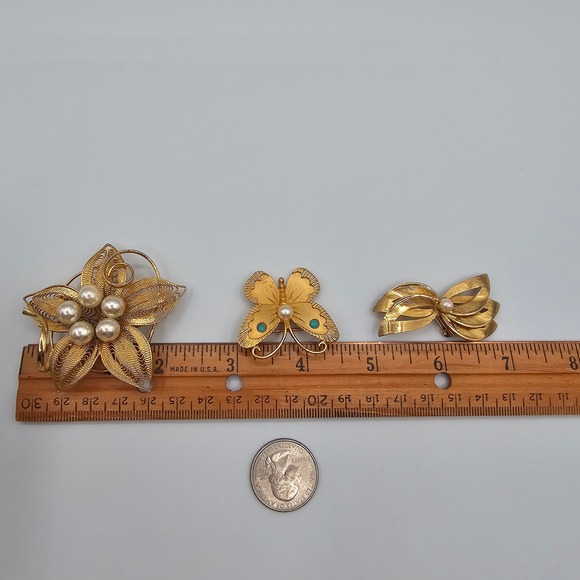 Vtg Set of 3 Vtg Gold Tone Brooches Filigree Flower Butterfly Bow Pins Elegant - Picture 6 of 16